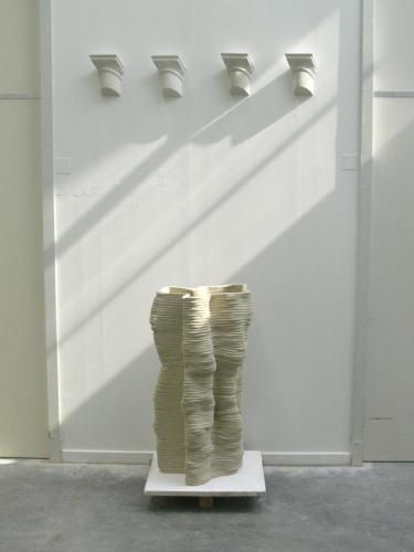 Installation view at EKWC,: 2007; Spatial column, stoneware ceramic 135cm (H); 4 Oblique Capitals, porcelain (15cm (H)