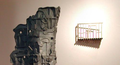 foreground: Fold (detail), Bruce Gernand (1994). background: Wall Construction, Anderson Inge, Fold: cast aluminum, 170cm (H), bronze, 27cm (W). Wall Construction: bronze, 27cm (W)